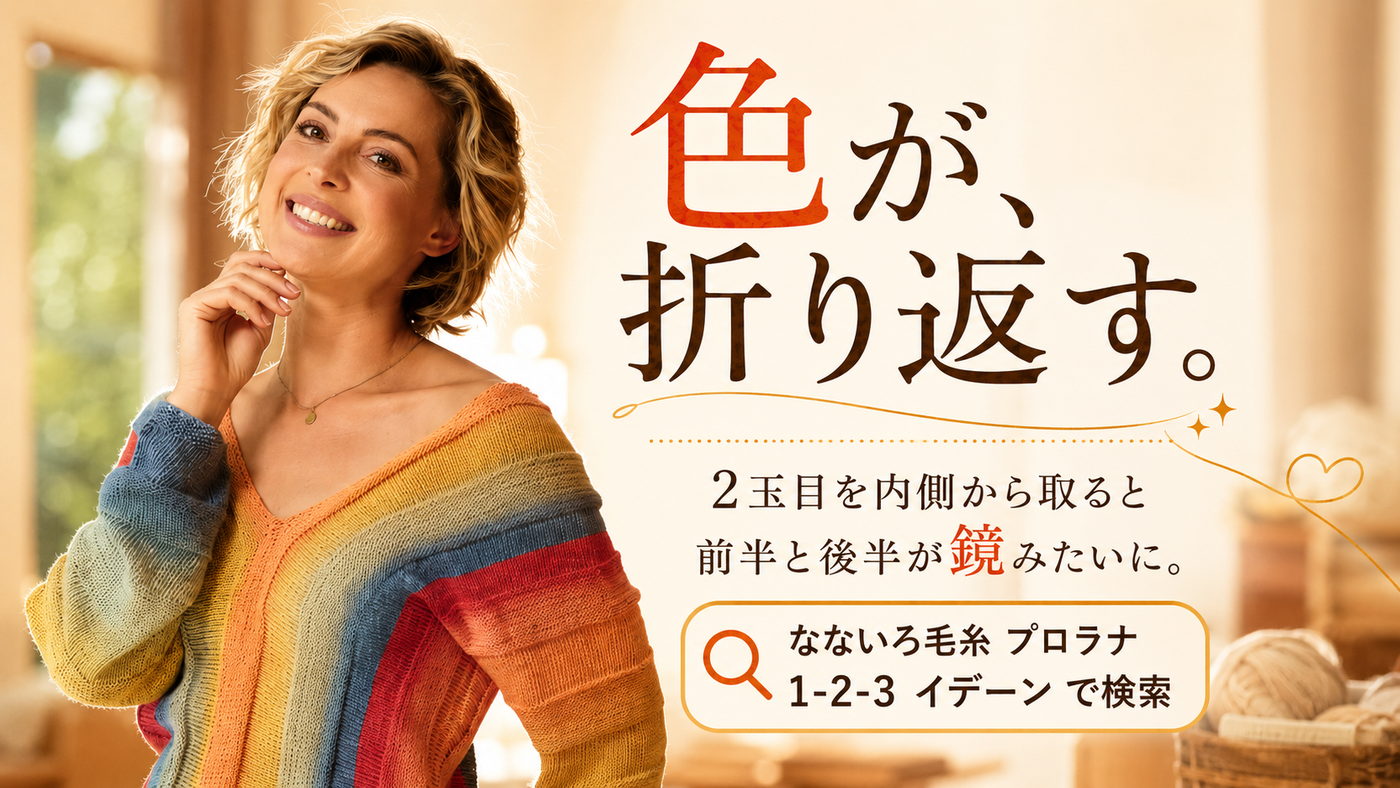 段染め糸は二玉目を「内側から」取る。編み地が鏡になる巻き方の話
