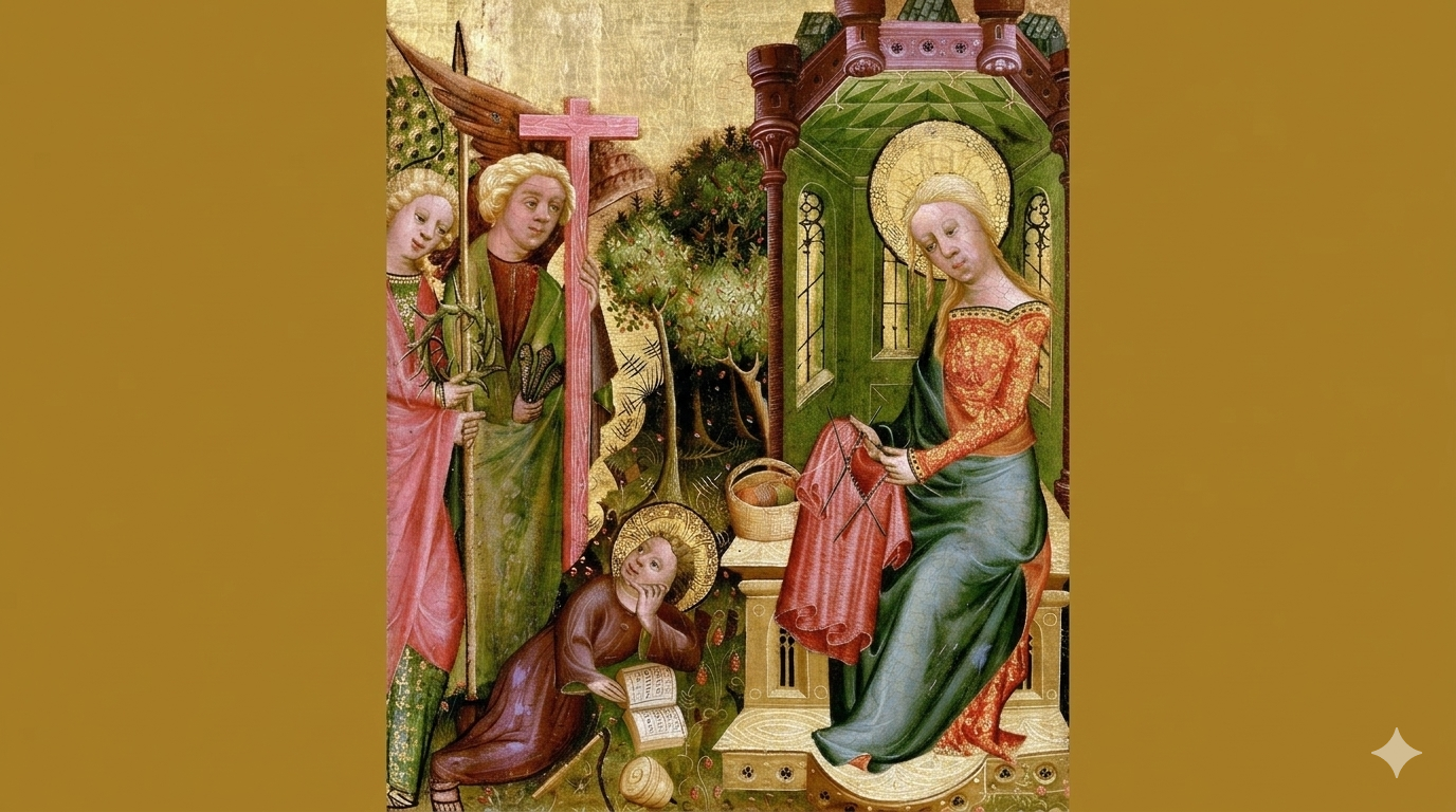 マリア様が5本針で編んでいた。14世紀の祭壇画に隠された編み物の歴史