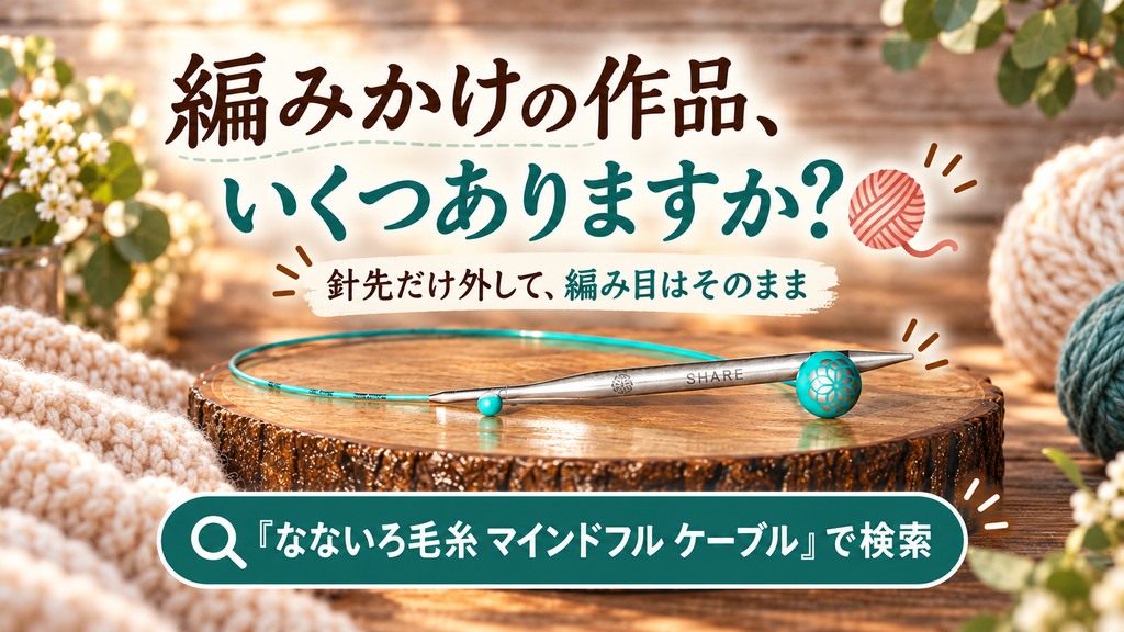 編みかけの作品を休ませておく方法。付け替え針と、花のキャップが付いたニットプロ マインドフルの回転式ケーブル